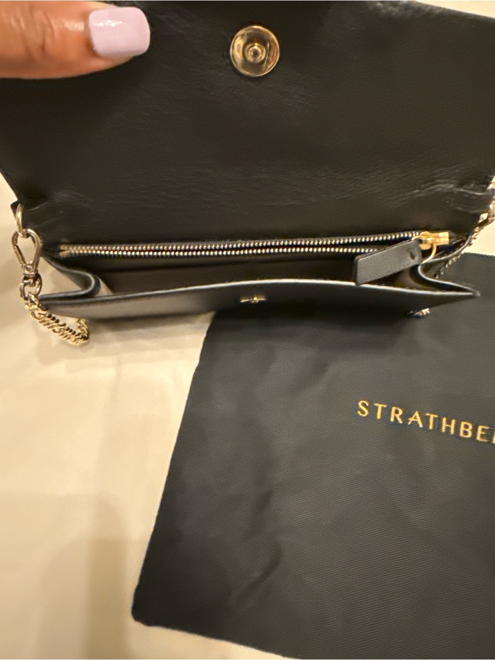 Strathberry Black Leather Wallet on Chain with Gold Arc Hardware - Picture 10 of 13